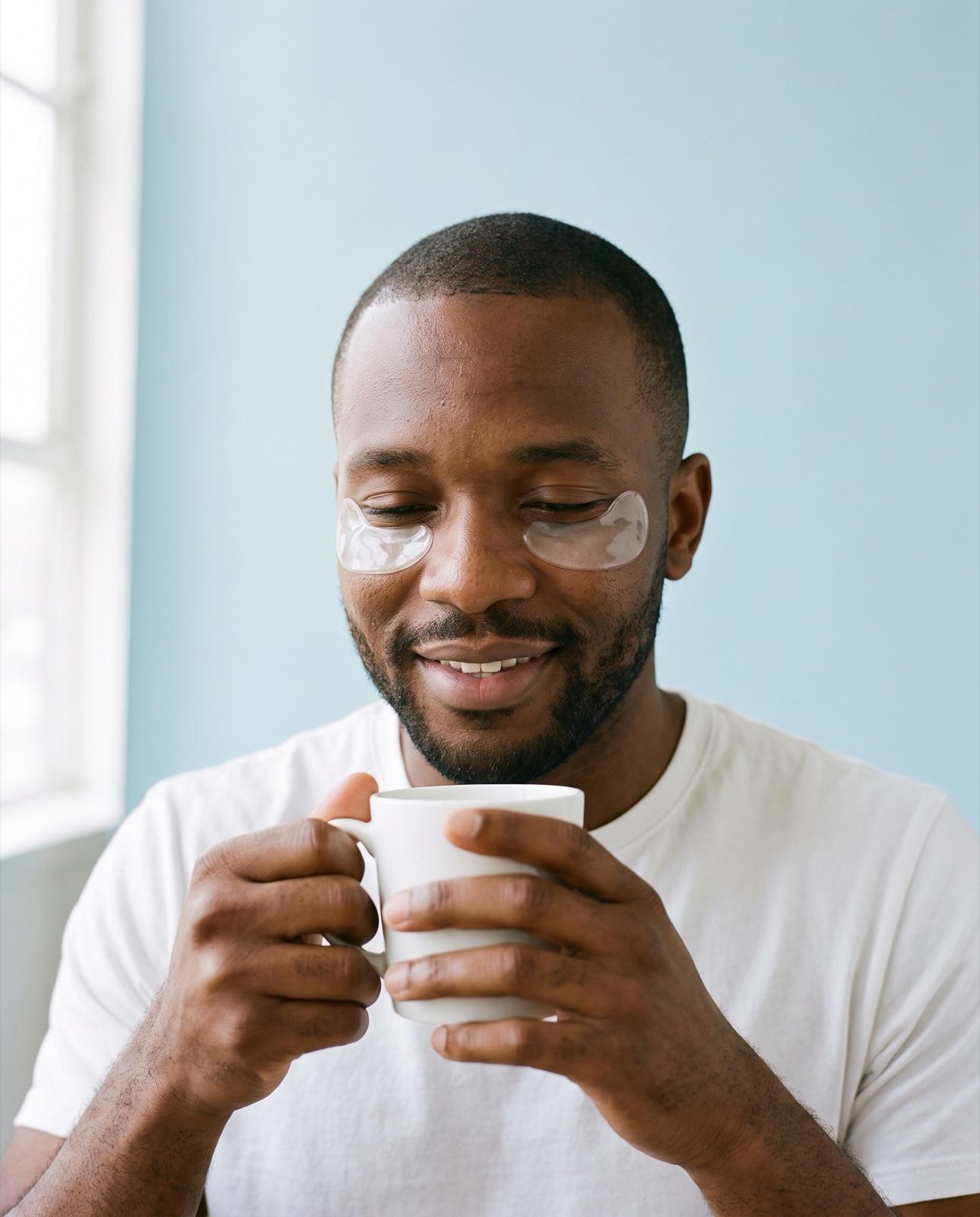 Mann mit durchsichtigen Augenpads hält eine Tasse und lächelt