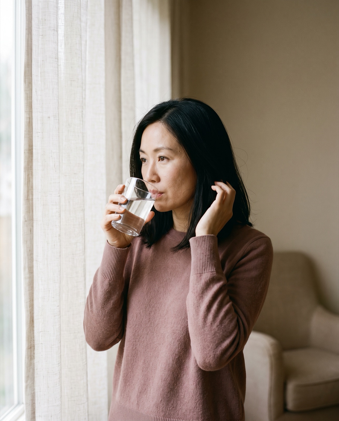 Woman with shoulder-length black hair drinking a glass of water by a linen-curtained window