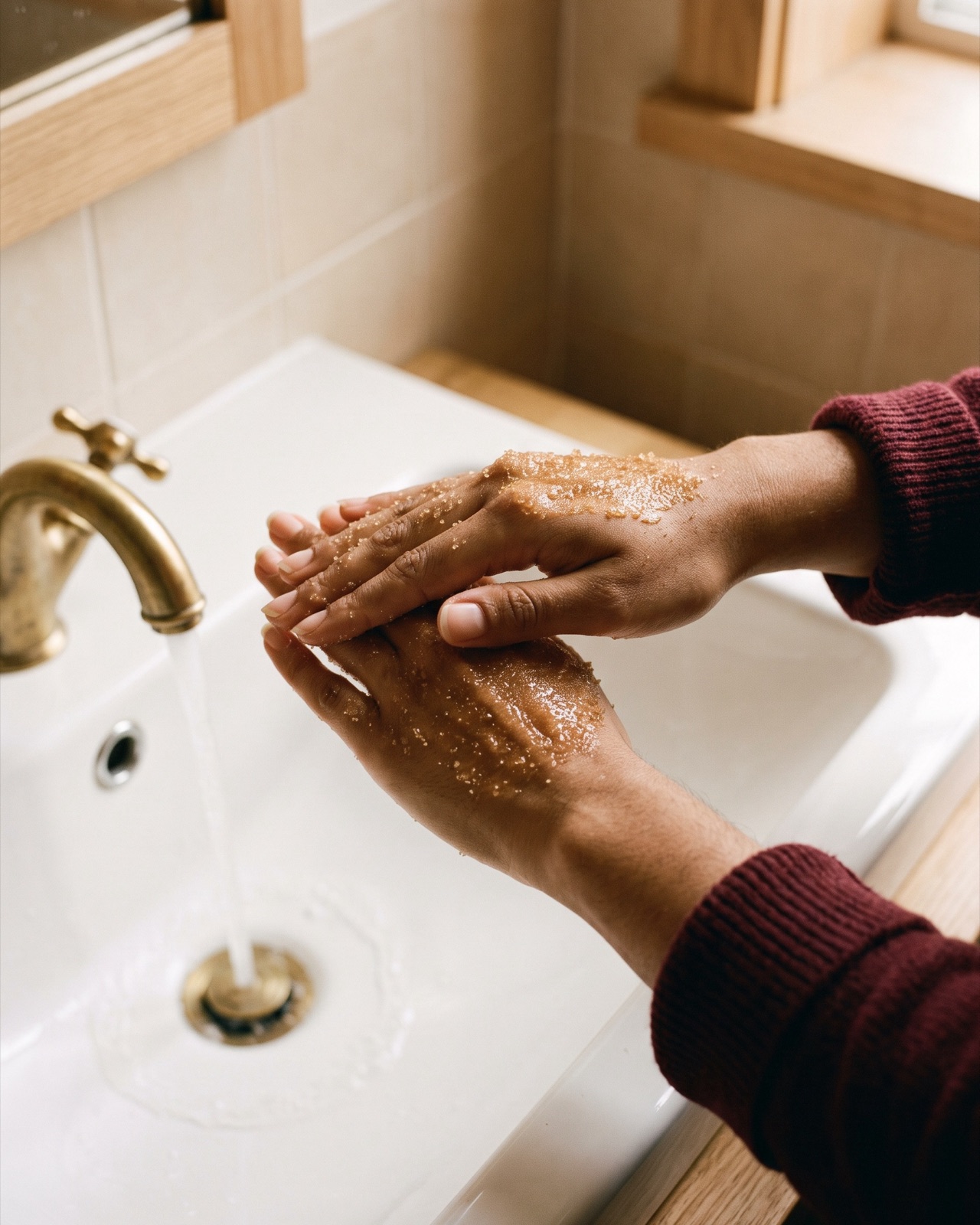 Ruce si nad bílým umyvadlem třou cukrový peeling, vínově rudé rukávy vyhrnuté