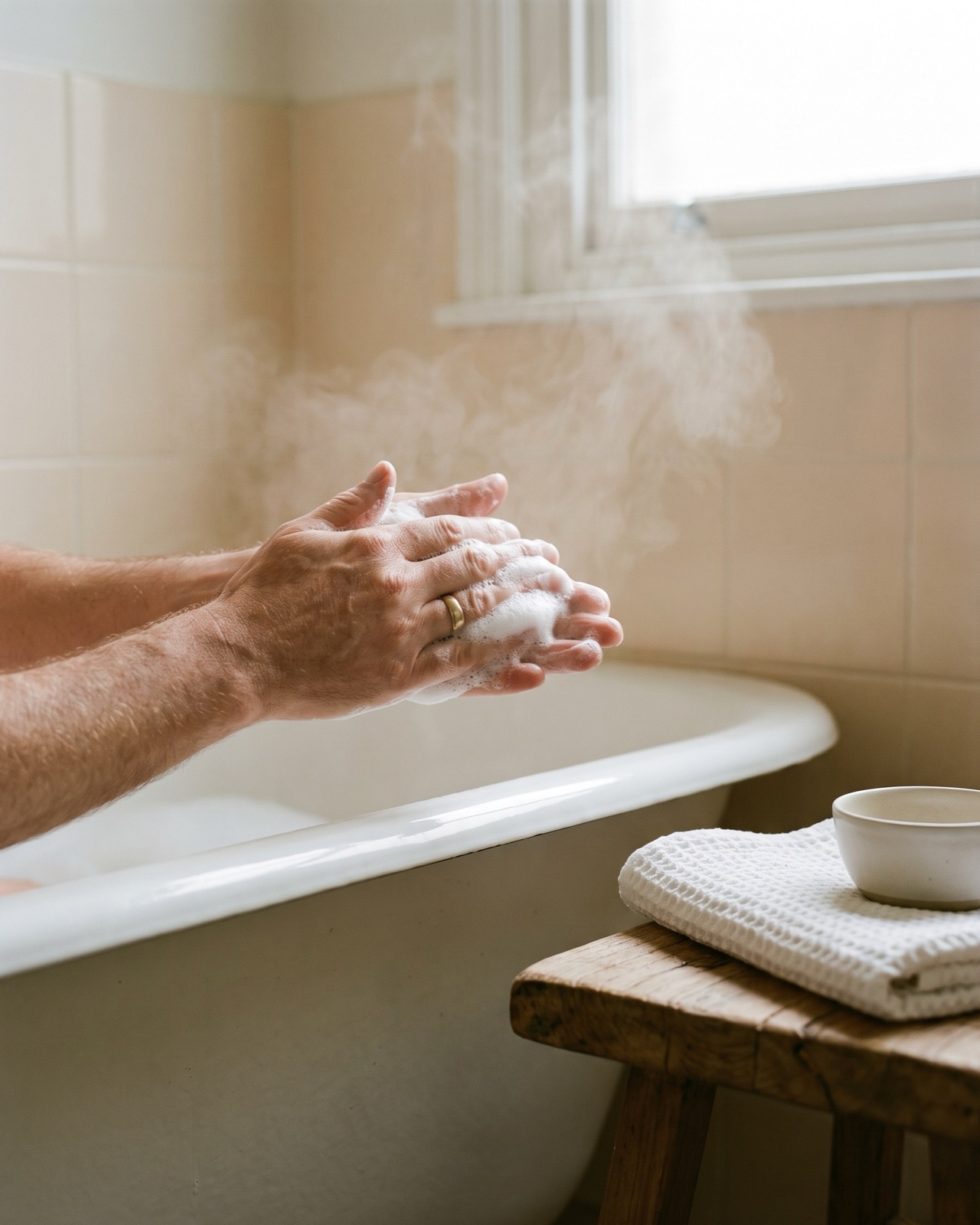 Manos adultas haciendo espuma con un champú suave sobre el borde de la bañera