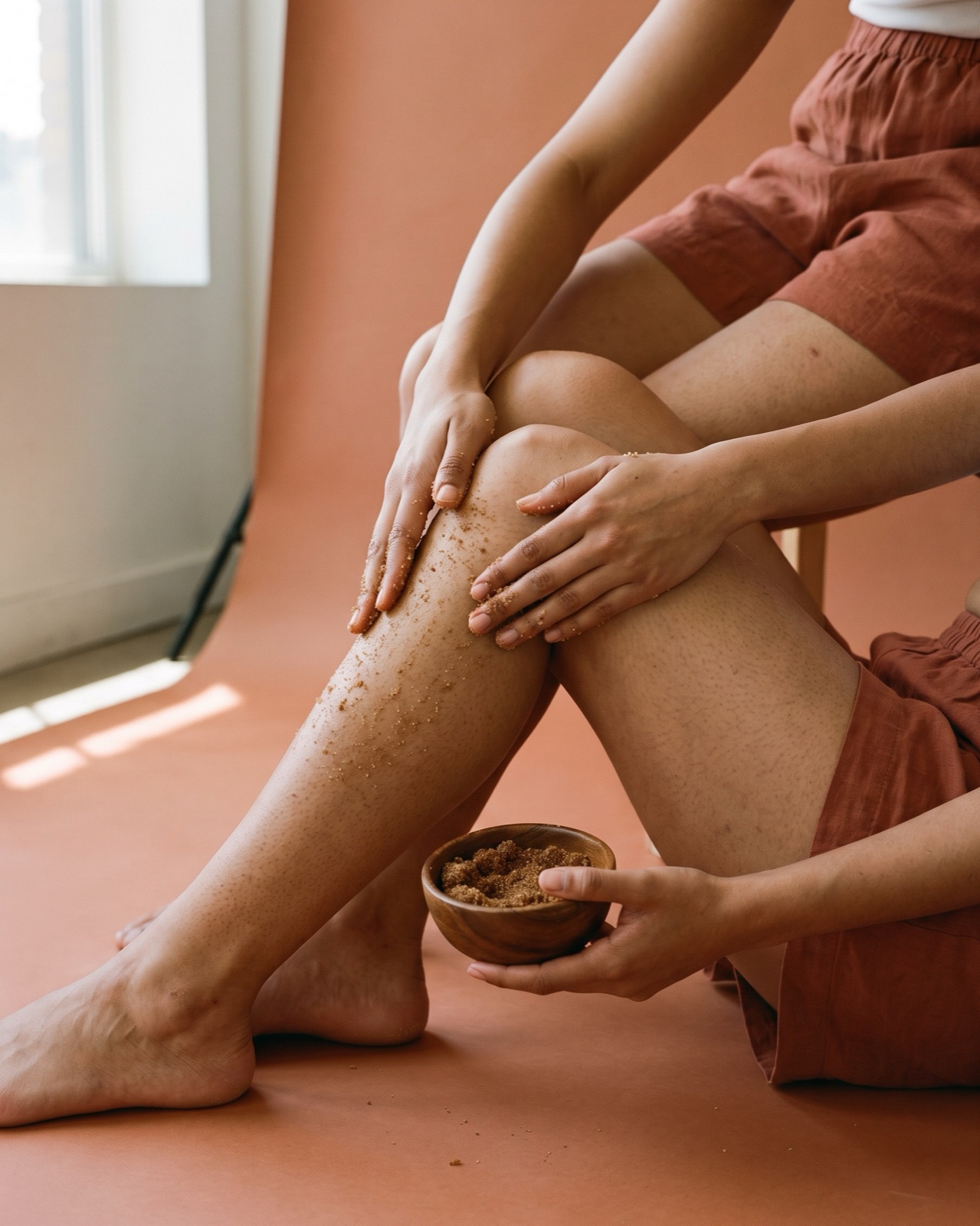 Mujer aplicándose un exfoliante de azúcar en la pantorrilla, shorts de lino y fondo terracota