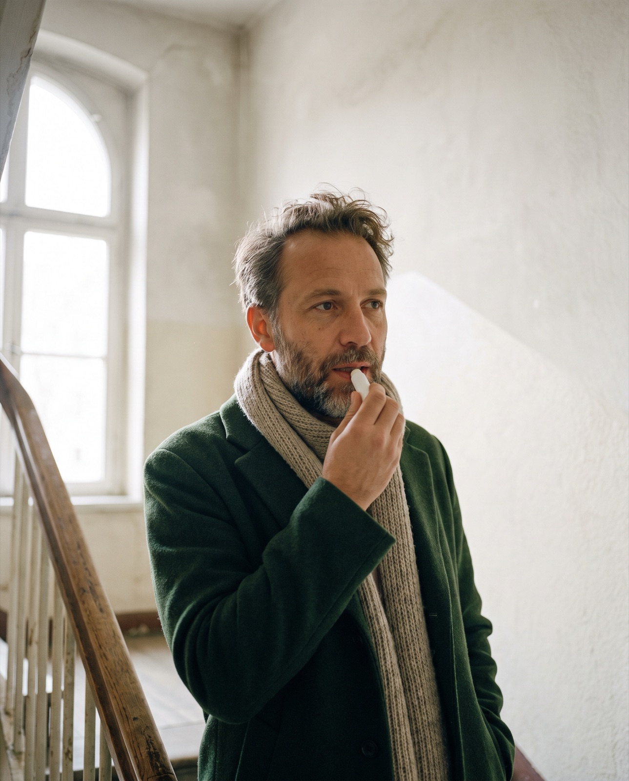 Mann im Wintermantel trägt Lippenpflege mit einem weißen Stift auf