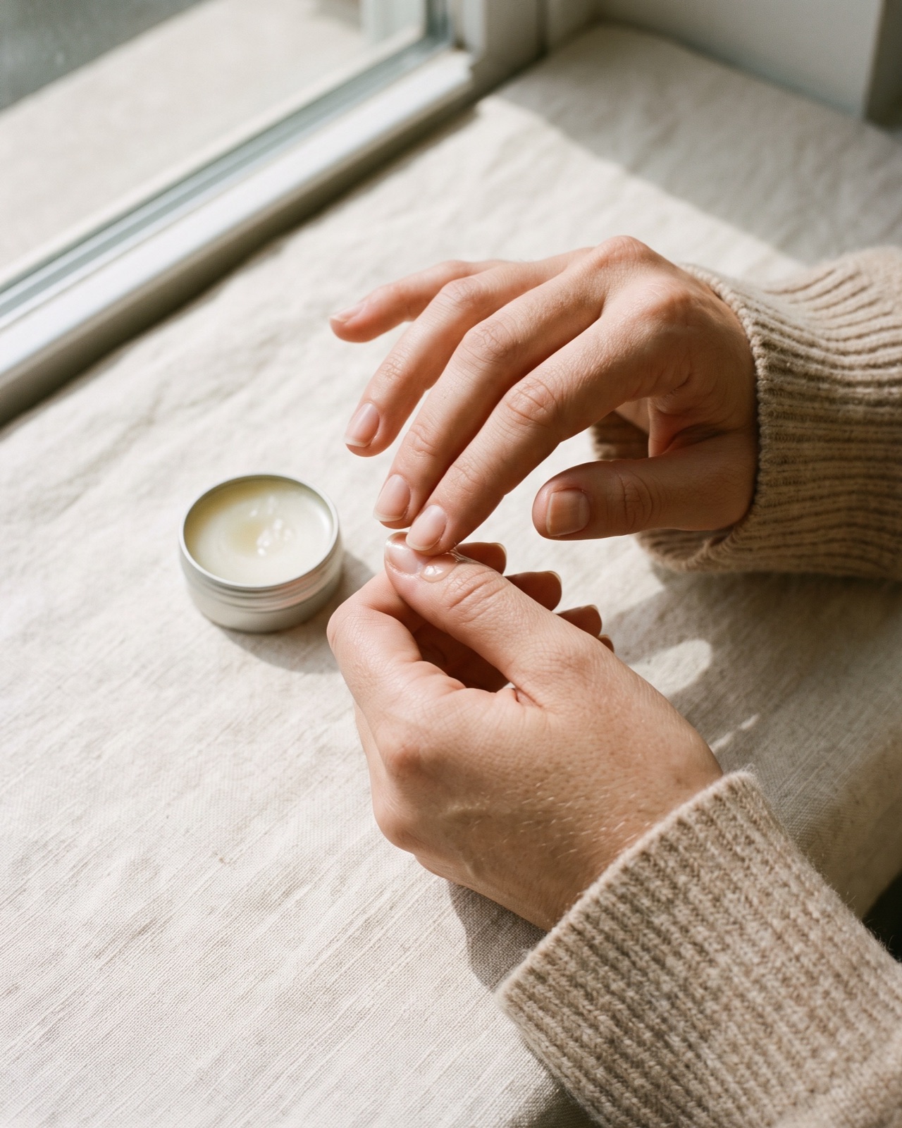 Manos con uñas naturales masajeando un bálsamo en las cutículas