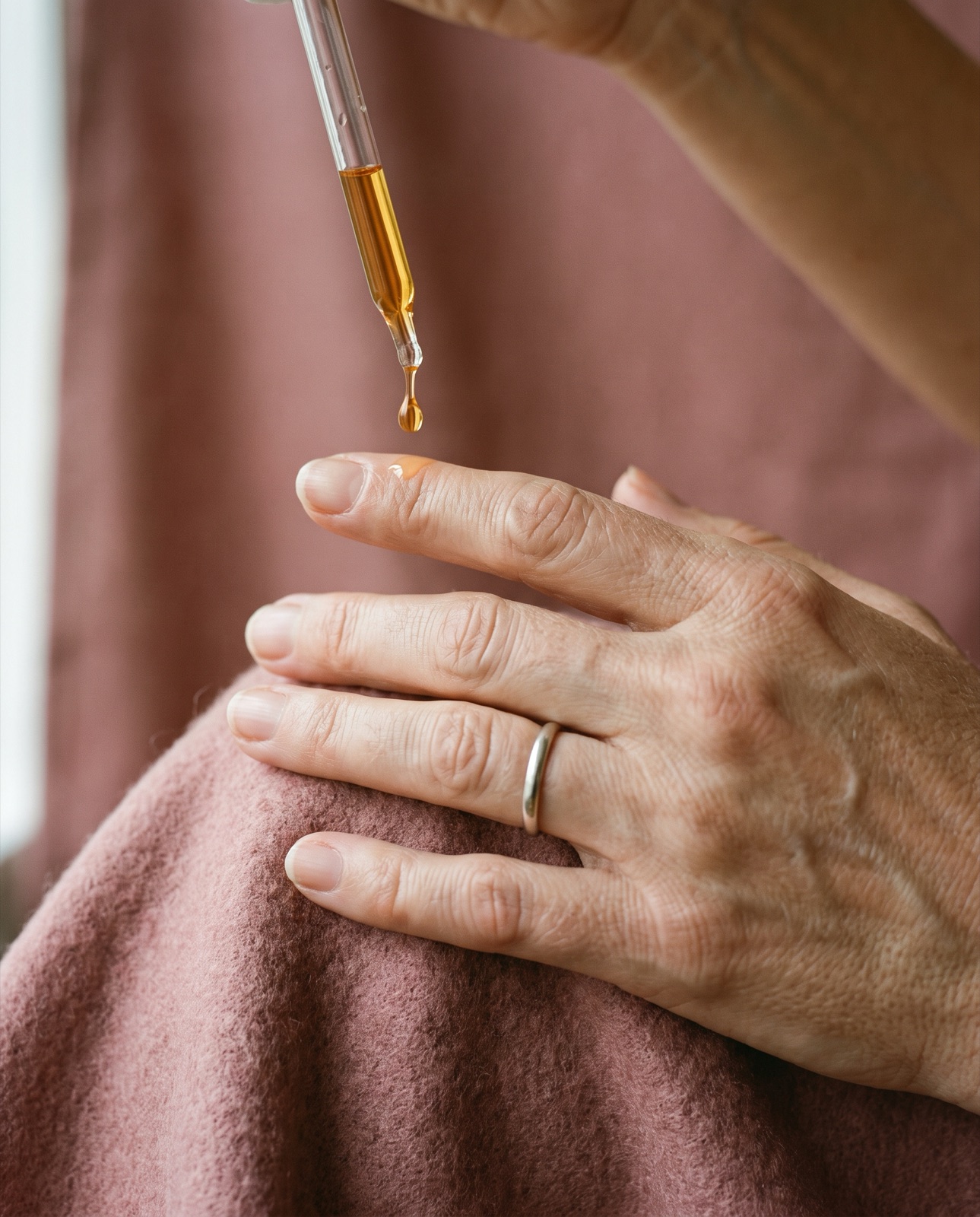A drop of oil falling from a dropper onto the cuticle of a hand wearing a silver ring