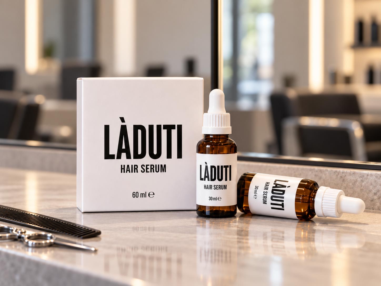 LADUTI Hair Serum pakkauksineen kampaamon työpisteellä, vieressä kampa ja sakset